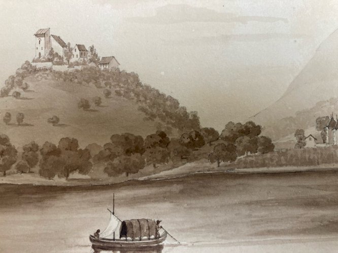 Peinture Lavis Papier XIXe château de Gourdouillon à Sion Ancien Art 1850