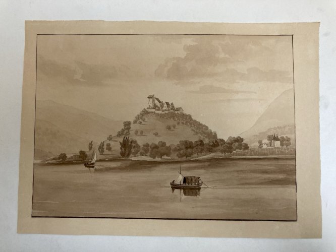 Peinture Lavis Papier XIXe château de Gourdouillon à Sion Ancien Art 1850