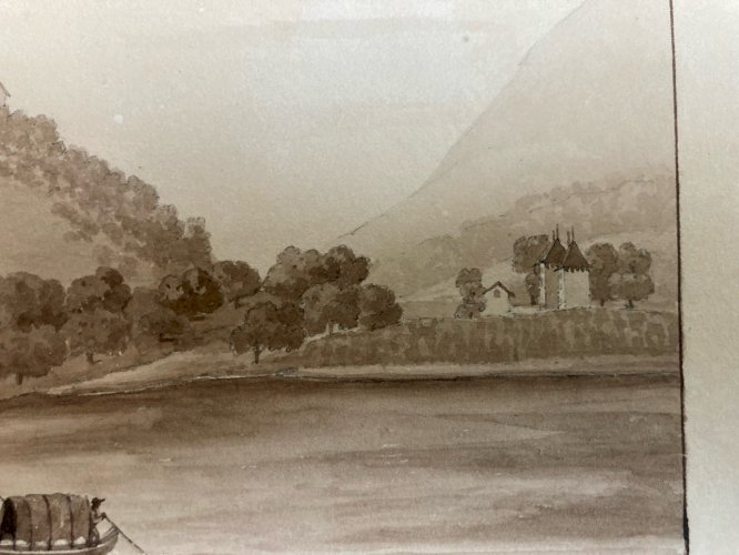 Peinture Lavis Papier XIXe château de Gourdouillon à Sion Ancien Art 1850