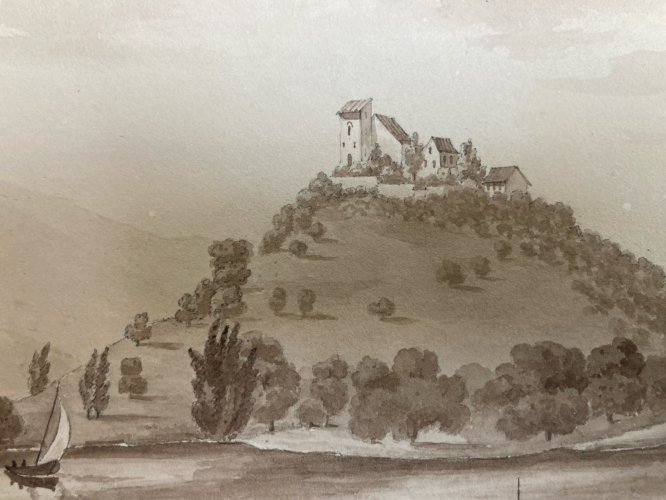 Peinture Lavis Papier XIXe château de Gourdouillon à Sion Ancien Art 1850