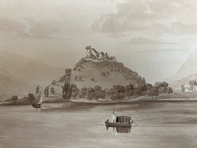 Peinture Lavis Papier XIXe château de Gourdouillon à Sion Ancien Art 1850