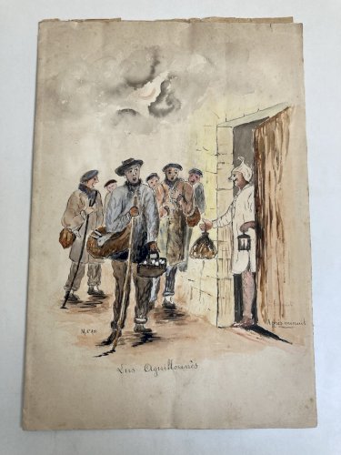 Peinture Lus Aguillounes Gouache Art Deco Chanson  1900 Papier Partition Musique