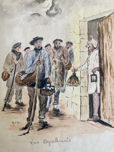 Peinture Lus Aguillounes Gouache Art Deco Chanson  1900 Papier Partition Musique