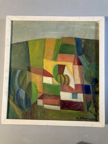 Peinture Maison Abstraite Huile Sur panneau Cubiste Cubisme Arbre