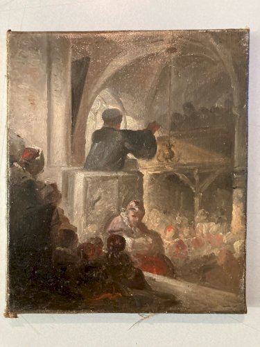 Peinture Messe Eglise Huile Toile Impressionniste XIXe Ancien Original Paî ring