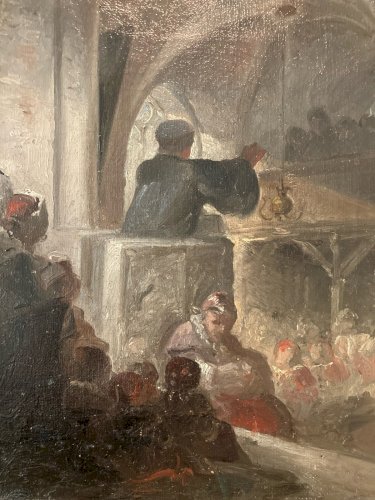 Peinture Messe Eglise Huile Toile Impressionniste XIXe Ancien Original Paî ring