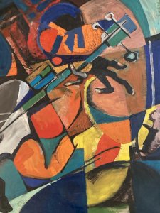 Peinture Moderne Huile Sur Toile Cubisme Jazz Musique 1980 A Identifier