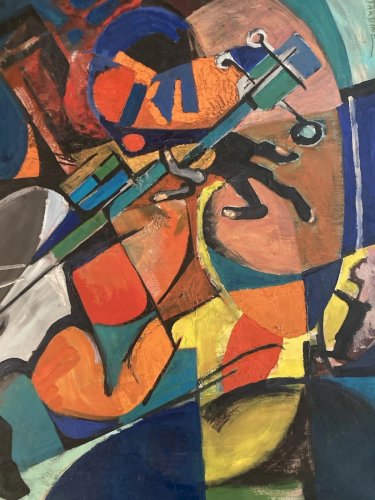Peinture Moderne Huile Sur Toile Cubisme Jazz Musique 1980 A Identifier