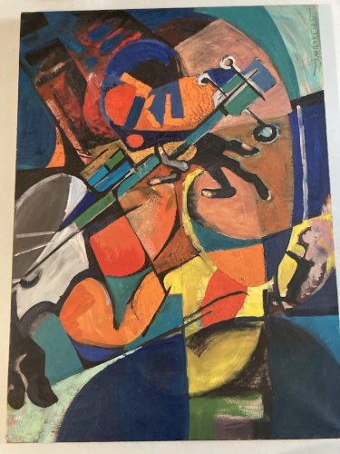 Peinture Moderne Huile Sur Toile Cubisme Jazz Musique 1980 A Identifier