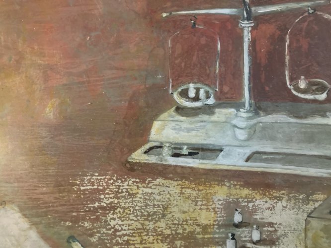 Peinture nature morte a La Balance Pharmacie Gouache Papier 1980 Poids Painting
