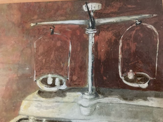 Peinture nature morte a La Balance Pharmacie Gouache Papier 1980 Poids Painting