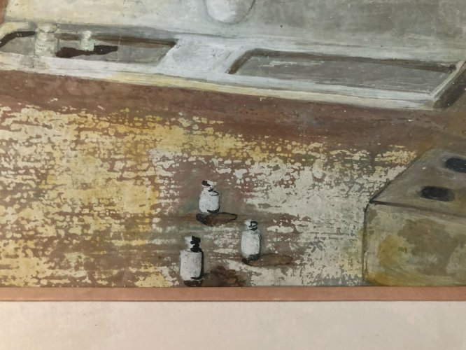 Peinture nature morte a La Balance Pharmacie Gouache Papier 1980 Poids Painting