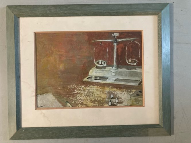 Peinture nature morte a La Balance Pharmacie Gouache Papier 1980 Poids Painting