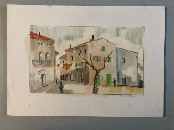 Peinture Original Gallo Huile Papier Luberon Painting La Tour D’aigues 1955 Art