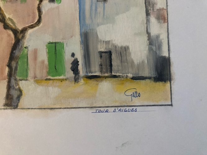 Peinture Original Gallo Huile Papier Luberon Painting La Tour D’aigues 1955 Art