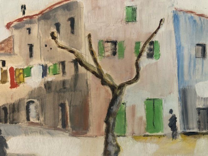 Peinture Original Gallo Huile Papier Luberon Painting La Tour D’aigues 1955 Art