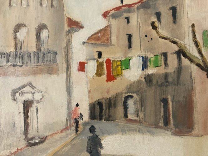 Peinture Original Gallo Huile Papier Luberon Painting La Tour D’aigues 1955 Art