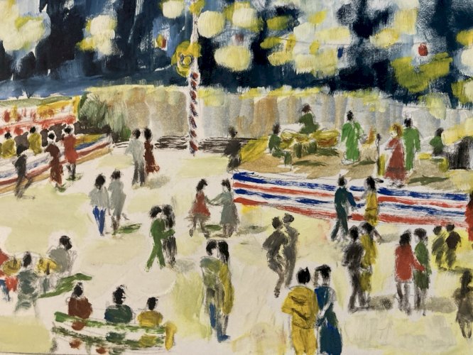 Peinture Original Gallo Huile Papier Paysage Painting 14 Juillet France 1955 Art