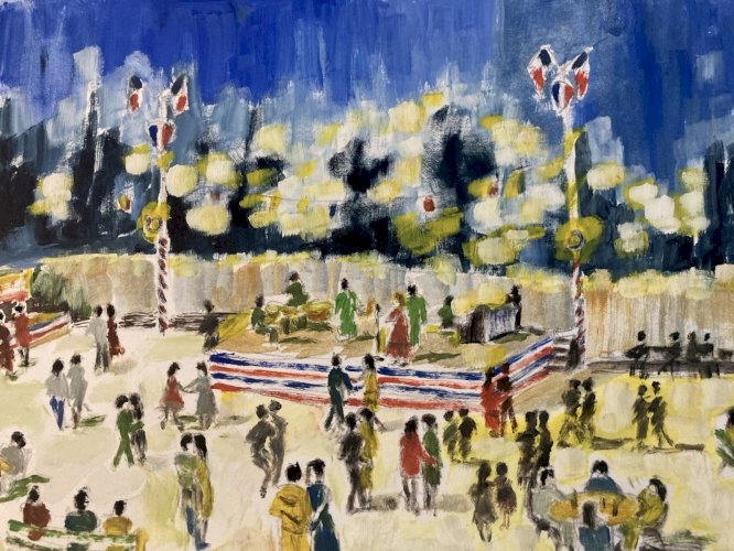 Peinture Original Gallo Huile Papier Paysage Painting 14 Juillet France 1955 Art