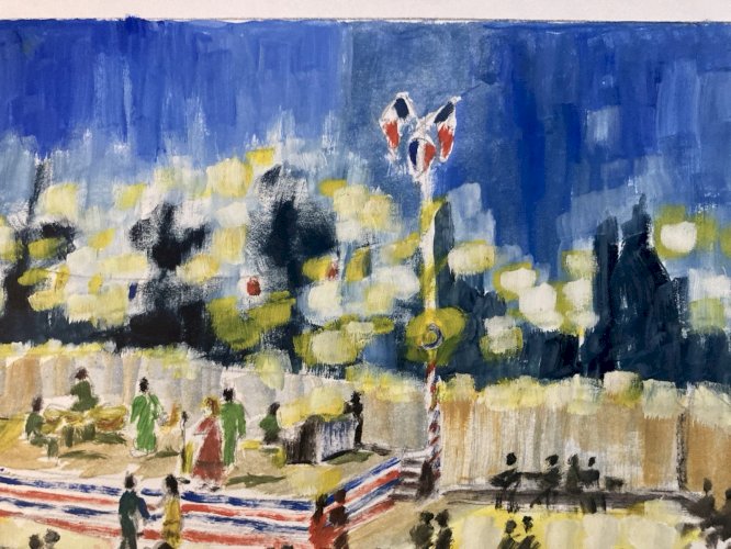 Peinture Original Gallo Huile Papier Paysage Painting 14 Juillet France 1955 Art