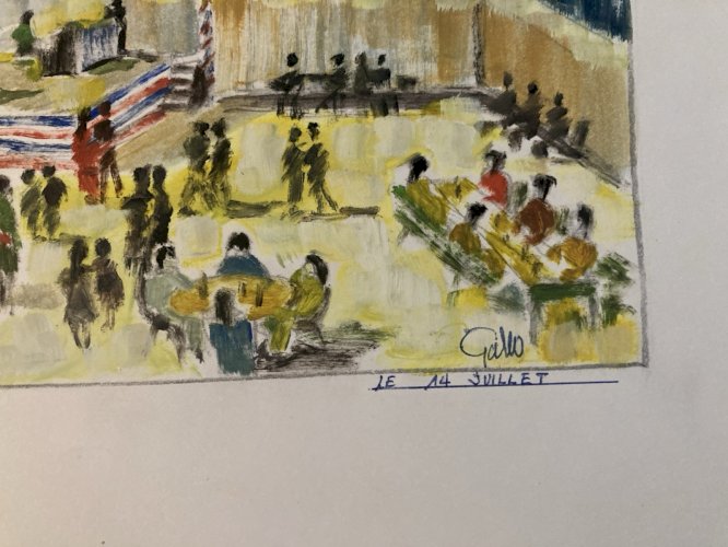 Peinture Original Gallo Huile Papier Paysage Painting 14 Juillet France 1955 Art