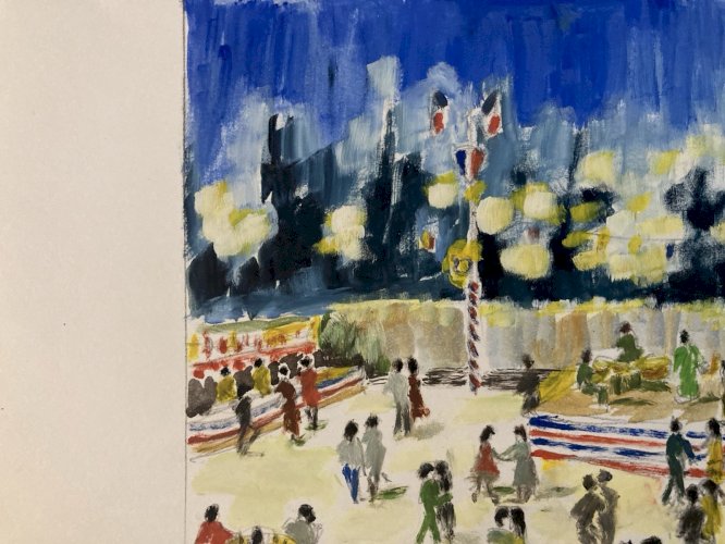 Peinture Original Gallo Huile Papier Paysage Painting 14 Juillet France 1955 Art