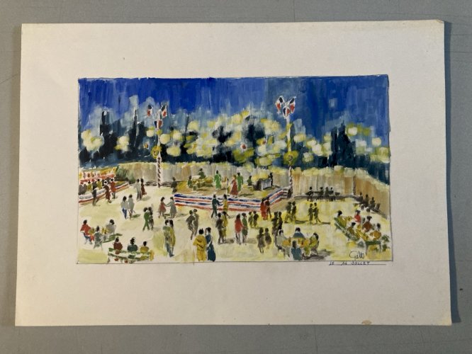 Peinture Original Gallo Huile Papier Paysage Painting 14 Juillet France 1955 Art