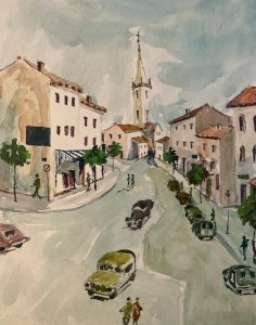 Original Gallo Painting Oil Paper Landscape Village Car 1955 Art