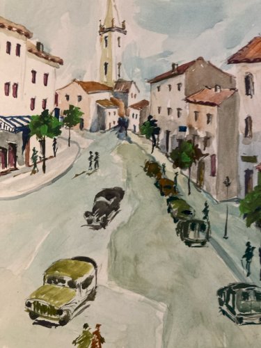 Peinture Original Gallo Huile Papier Paysage Painting Village Voiture 1955 Art