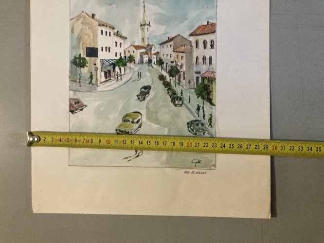 Peinture Original Gallo Huile Papier Paysage Painting Village Voiture 1955 Art