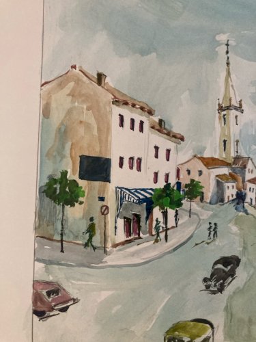 Peinture Original Gallo Huile Papier Paysage Painting Village Voiture 1955 Art