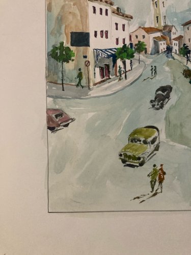 Peinture Original Gallo Huile Papier Paysage Painting Village Voiture 1955 Art