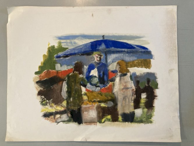 Peinture Original Gallo Huile Scène De Marché 1955 À Identifier Painting Dessin