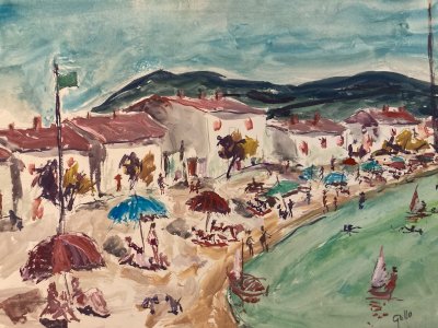 Original Gallo Painting Beach Martigues France 1955 Antique Art