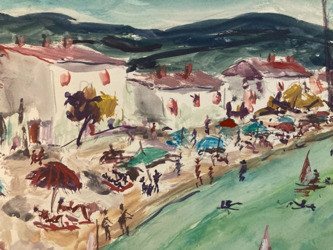 Peinture Original Gallo Papier Plage Martigues Painting France 1955 Art Ancien