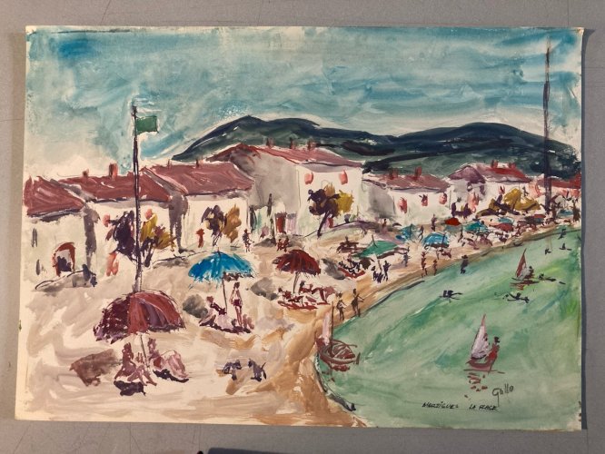 Peinture Original Gallo Papier Plage Martigues Painting France 1955 Art Ancien