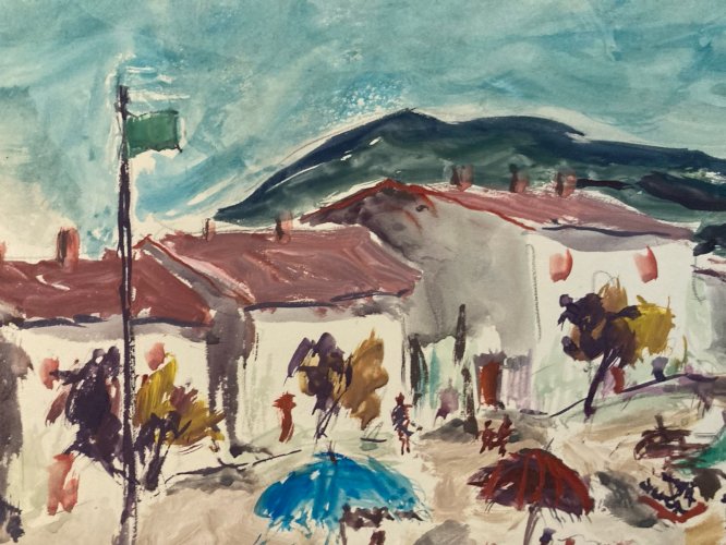 Peinture Original Gallo Papier Plage Martigues Painting France 1955 Art Ancien