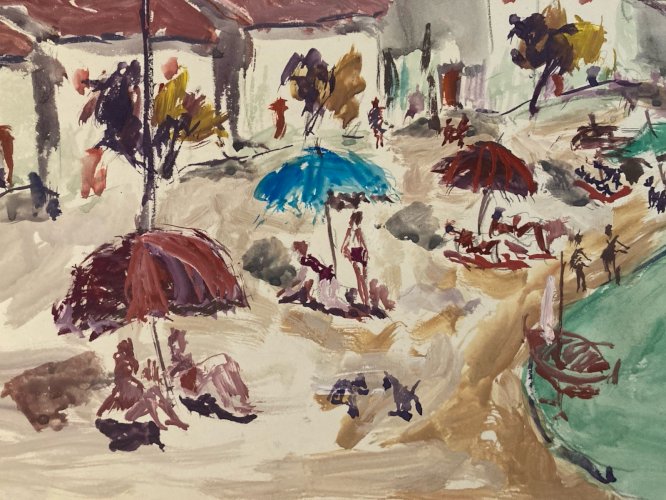 Peinture Original Gallo Papier Plage Martigues Painting France 1955 Art Ancien