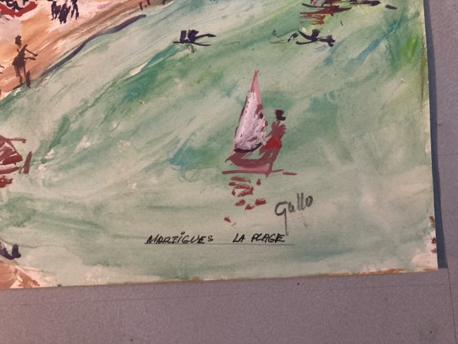 Peinture Original Gallo Papier Plage Martigues Painting France 1955 Art Ancien