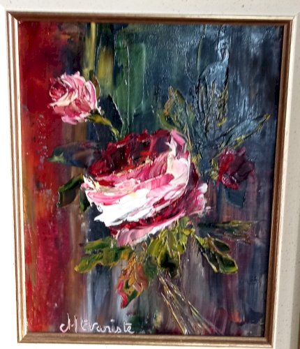 PEINTURE ORIGINALE SIGNÉE – MICHEL ÉVARISTE – HUILE AU COUTEAU – ANNÉES 1980–1990 – CADRE DORÉ VINTAGE