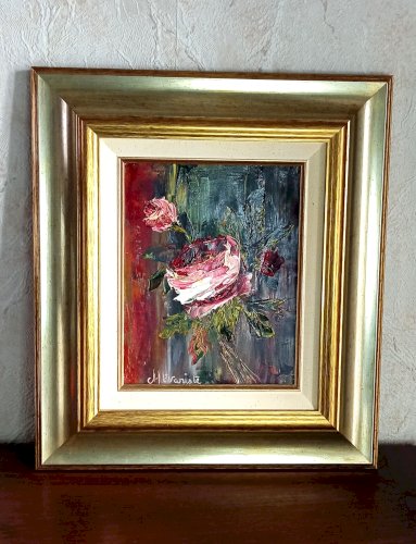 PEINTURE ORIGINALE SIGNÉE – MICHEL ÉVARISTE – HUILE AU COUTEAU – ANNÉES 1980–1990 – CADRE DORÉ VINTAGE