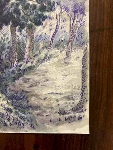 Peinture Painting Arbre Gouache XIXe 1880 Classique Paysage Original Art Old