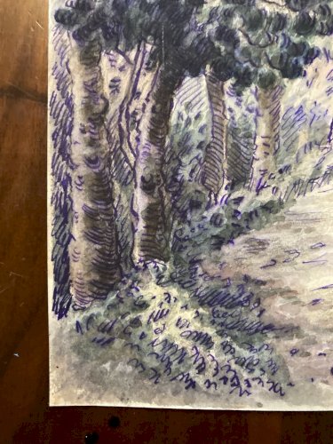 Peinture Painting Arbre Gouache XIXe 1880 Classique Paysage Original Art Old