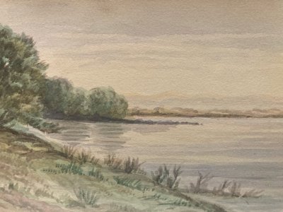 Painting Tree Gouache 19th Century 1880 Classic Landscape Original Art River