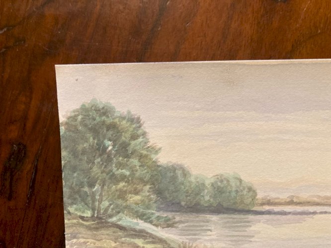 Peinture Painting Arbre Gouache XIXe 1880 Classique Paysage Original Art Rivière