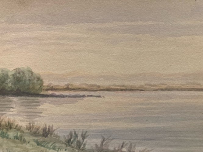 Peinture Painting Arbre Gouache XIXe 1880 Classique Paysage Original Art Rivière