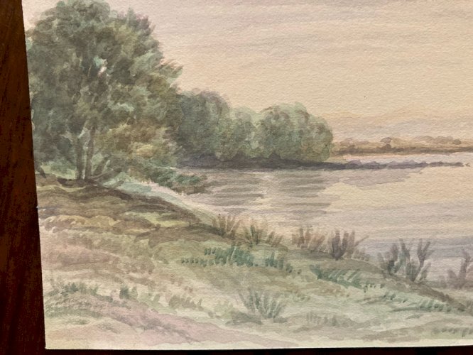 Peinture Painting Arbre Gouache XIXe 1880 Classique Paysage Original Art Rivière