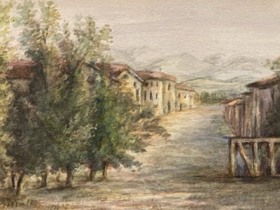 Painting Tree Gouache 19th Century 1880 Classic Landscape Original Art Village