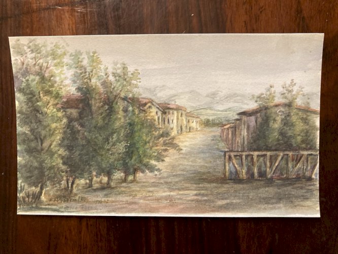 Peinture Painting Arbre Gouache XIXe 1880 Classique Paysage Original Art Village