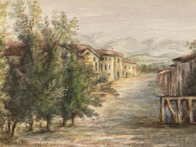 Peinture Painting Arbre Gouache XIXe 1880 Classique Paysage Original Art Village